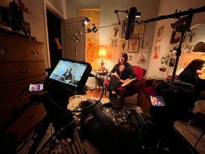 Documentary interview setup with monitors